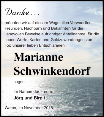 Traueranzeige von Marianne Schwinkendorf von Müritz-Zeitung