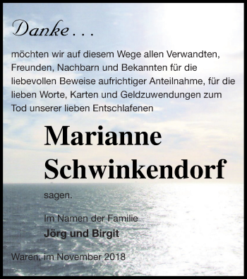 Traueranzeige von Marianne Schwinkendorf von Müritz-Zeitung