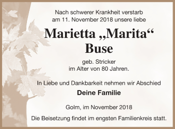 Traueranzeige von Marietta Buse von Strelitzer Zeitung