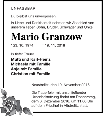 Traueranzeige von Mario Granzow von Strelitzer Zeitung