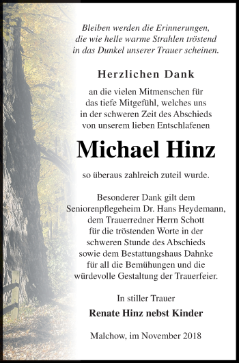 Traueranzeige von Michael Hinz von Müritz-Zeitung