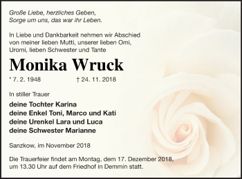 Traueranzeige von Monika Wruck von Demminer Zeitung