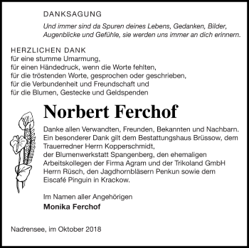 Traueranzeige von Norbert Ferchof von Pasewalker Zeitung