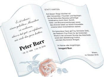 Traueranzeige von Peter Burr von Müritz-Zeitung