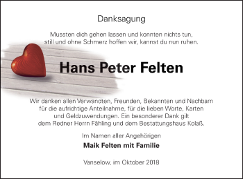 Traueranzeige von Peter Felten von Demminer Zeitung