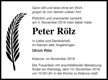 Traueranzeige von Peter Rölz von Neubrandenburger Zeitung