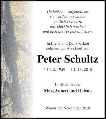 Traueranzeige von Peter Schultz von Müritz-Zeitung