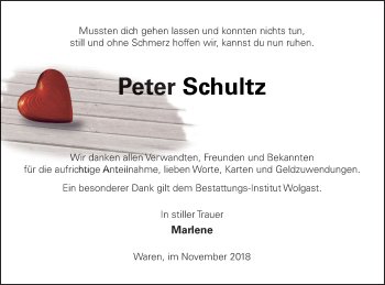 Traueranzeige von Peter Schultz von Müritz-Zeitung