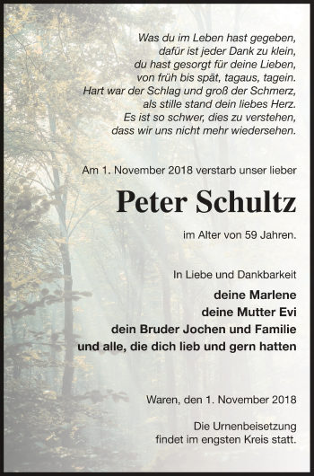 Traueranzeige von Peter Schultz von Müritz-Zeitung