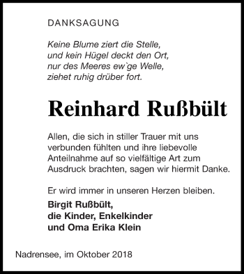 Traueranzeige von Reinhard Rußbült von Pasewalker Zeitung