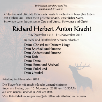 Traueranzeige von Richard Herbert Anton Kracht von Vorpommern Kurier