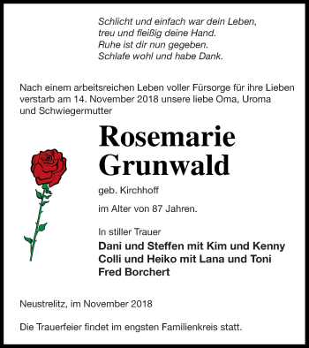 Traueranzeige von Rosemarie Grunwald von Strelitzer Zeitung