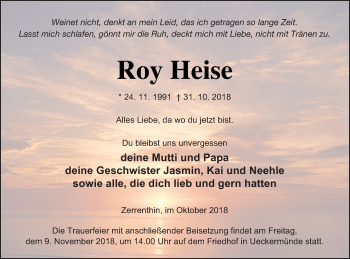 Traueranzeige von Roy Heise von Pasewalker Zeitung