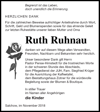 Traueranzeige von Ruth Ruhnau von Vorpommern Kurier