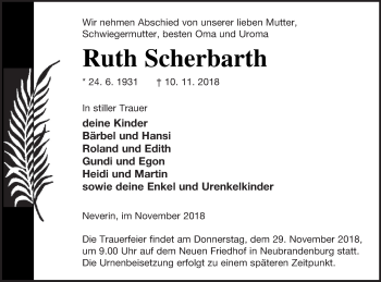 Traueranzeige von Ruth Scherbarth von Neubrandenburger Zeitung