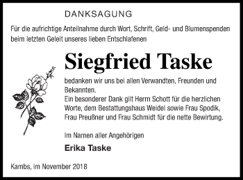 Traueranzeige von Siegfried Taske von Müritz-Zeitung