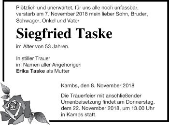 Traueranzeige von Siegfried Taske von Müritz-Zeitung