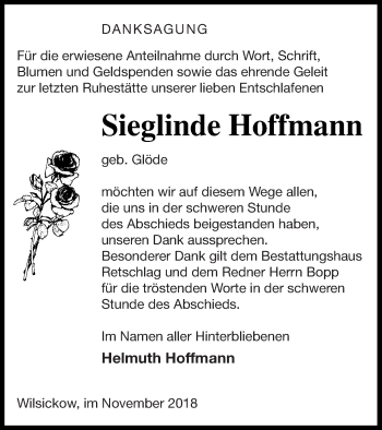 Traueranzeige von Sieglinde Hoffmann von Pasewalker Zeitung