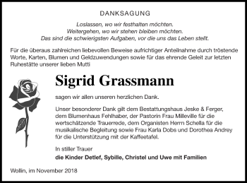 Traueranzeige von Sigrid Grassmann von Pasewalker Zeitung