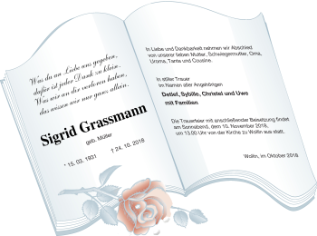 Traueranzeige von Sigrid Grassmann von Pasewalker Zeitung