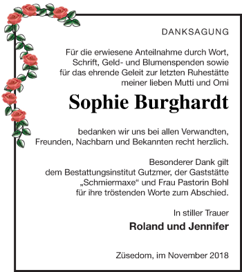 Traueranzeige von Sophie Burghardt von Pasewalker Zeitung