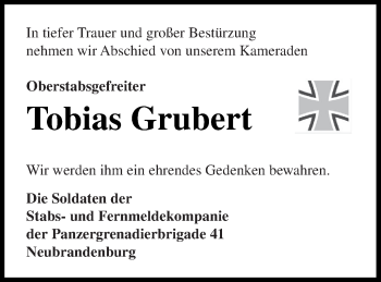 Traueranzeige von Tobias Grubert von Neubrandenburger Zeitung