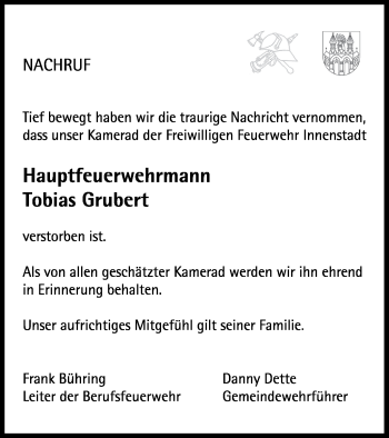 Traueranzeige von Tobias Grubert von Neubrandenburger Zeitung