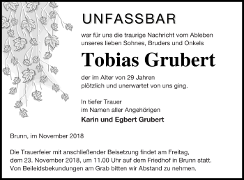 Traueranzeige von Tobias Grubert von Neubrandenburger Zeitung