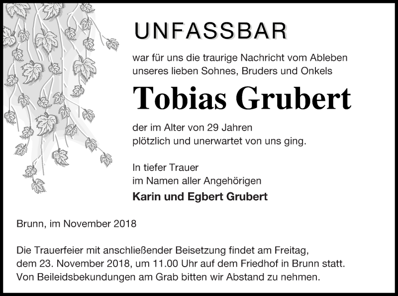  Traueranzeige für Tobias Grubert vom 16.11.2018 aus Neubrandenburger Zeitung