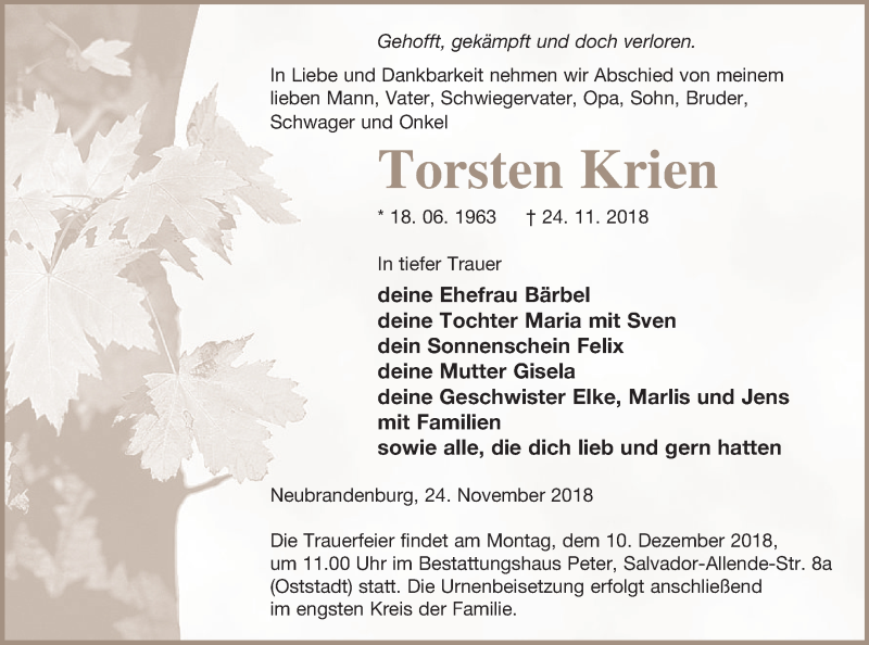  Traueranzeige für Torsten Krien vom 29.11.2018 aus Neubrandenburger Zeitung