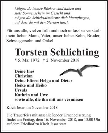 Traueranzeige von Torsten Schlichting von Hagenower Kreisblatt