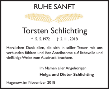 Traueranzeige von Torsten Schlichting von Hagenower Kreisblatt