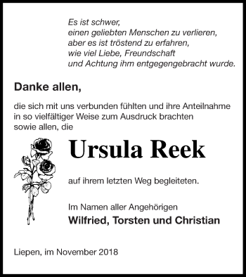 Traueranzeige von Ursula Reek von Vorpommern Kurier