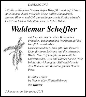 Traueranzeige von Waldemar Scheffler von Vorpommern Kurier