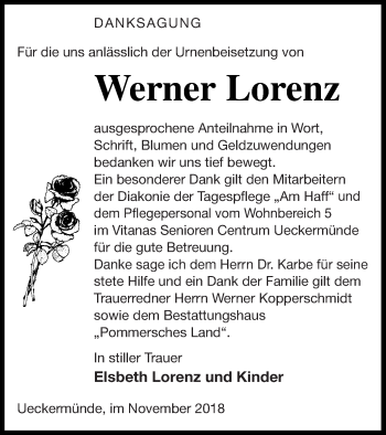 Traueranzeige von Werner Lorenz von Haff-Zeitung