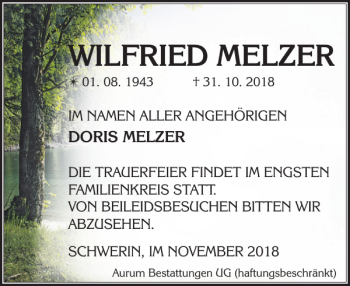 Traueranzeige von Wilfried Melzer von Zeitung für die Landeshauptstadt