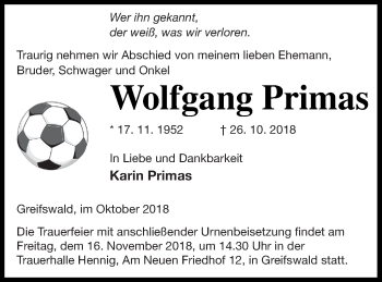 Traueranzeige von Wolfgang Primas von Vorpommern Kurier