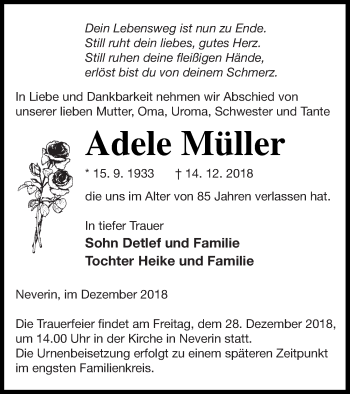 Traueranzeige von Adele Müller von Neubrandenburger Zeitung