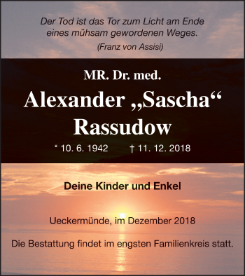 Traueranzeige von Alexander Rassudow von Haff-Zeitung