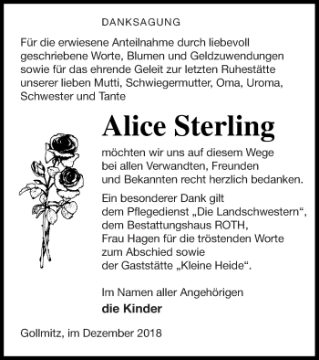 Traueranzeige von Alice Sterling von Prenzlauer Zeitung