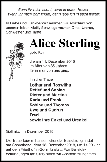 Traueranzeige von Alice Sterling von Prenzlauer Zeitung