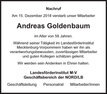 Traueranzeige von Andreas Goldenbaum von Zeitung für die Landeshauptstadt