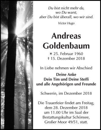 Traueranzeige von Andreas Goldenbaum von Zeitung für die Landeshauptstadt