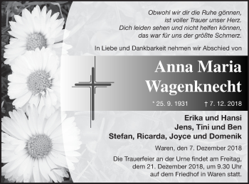 Traueranzeige von Anna Maria Wagenknecht von Müritz-Zeitung