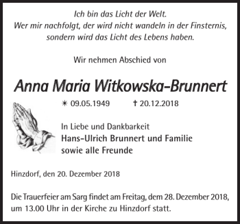 Traueranzeige von Anna Maria Witkowska-Brunnert von Der Prignitzer