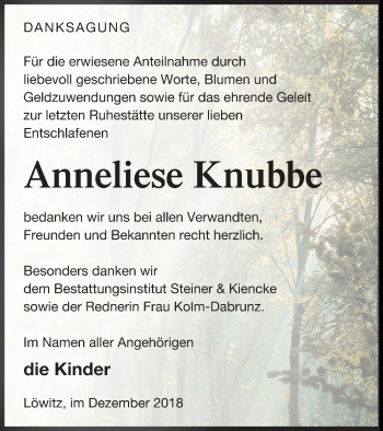 Traueranzeige von Anneliese Knubbe von Vorpommern Kurier