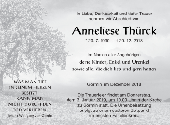 Traueranzeige von Anneliese Thürck von Vorpommern Kurier