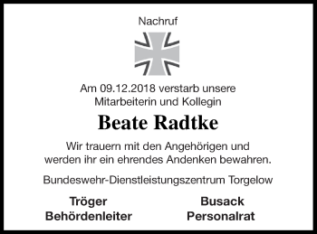 Traueranzeige von Beate Radtke von Haff-Zeitung