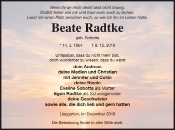 Traueranzeige von Beate Radtke von Haff-Zeitung