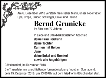 Traueranzeige von Bernd Grunicke von Templiner Zeitung